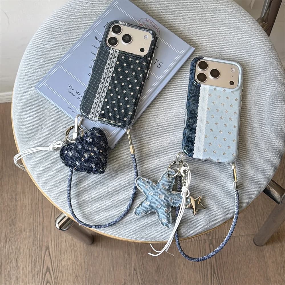 Fashion Korea Ins Stars Denim lace Phone Case For iPhone 18 Pro max 17 16 15 Cases Protective Cover Cute with Chain 18 Pro Funda