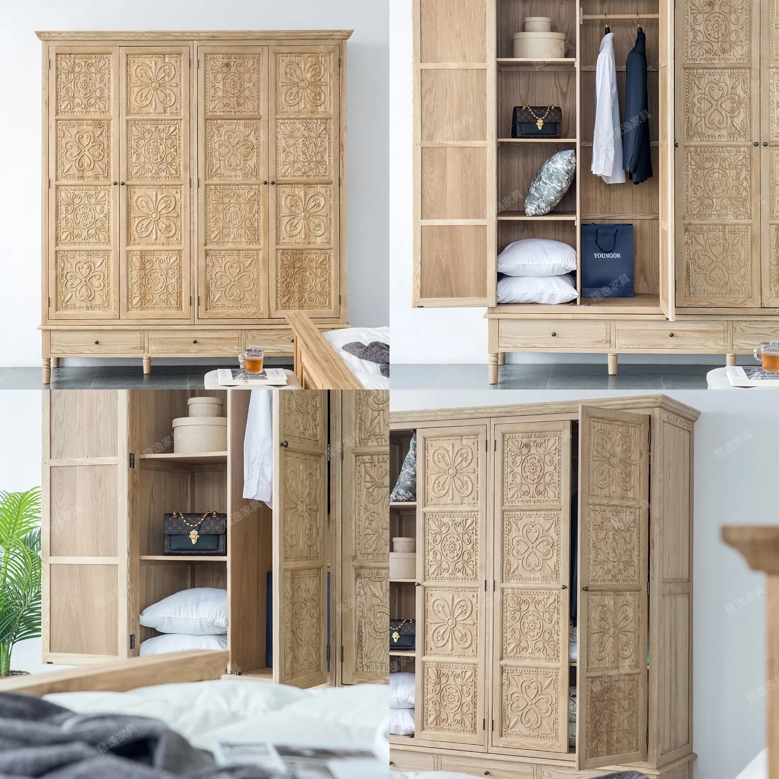 French Solid Wood Wardrobe 4 Doors Armoire Carved Antique Storage Cabinet Vintage Bedroom Closet for Small Space