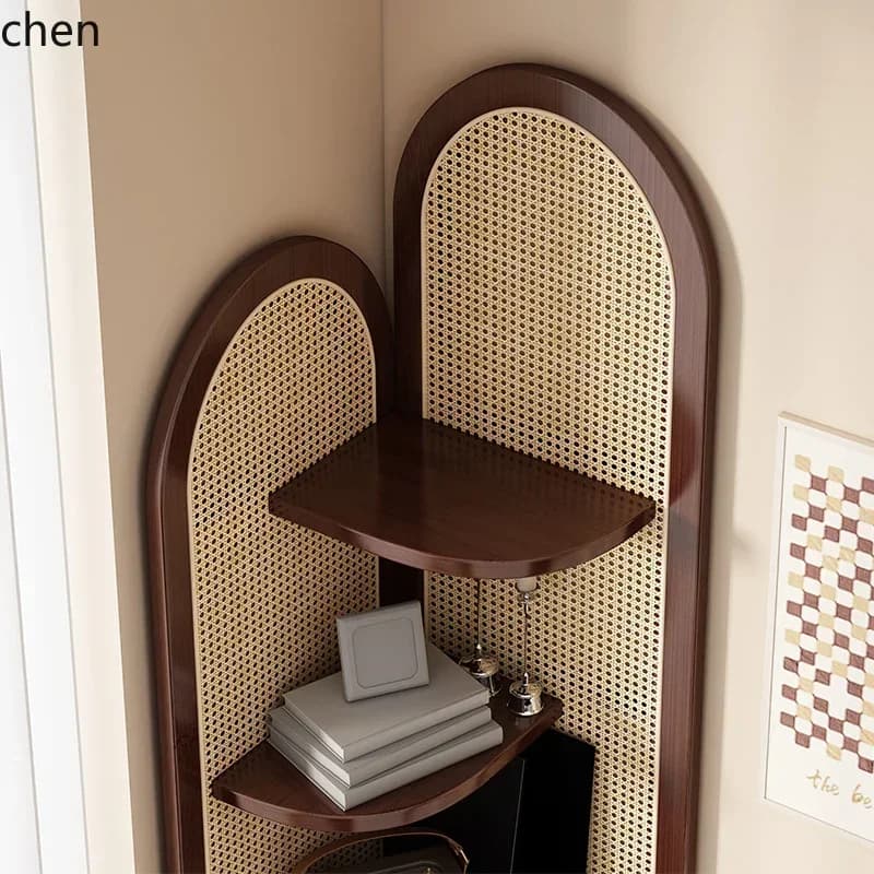 DSA  Corner Fan-Shaped Corner Shelf Rattan Wall Corner Triangle Floor Storage Rack Bookshelf
