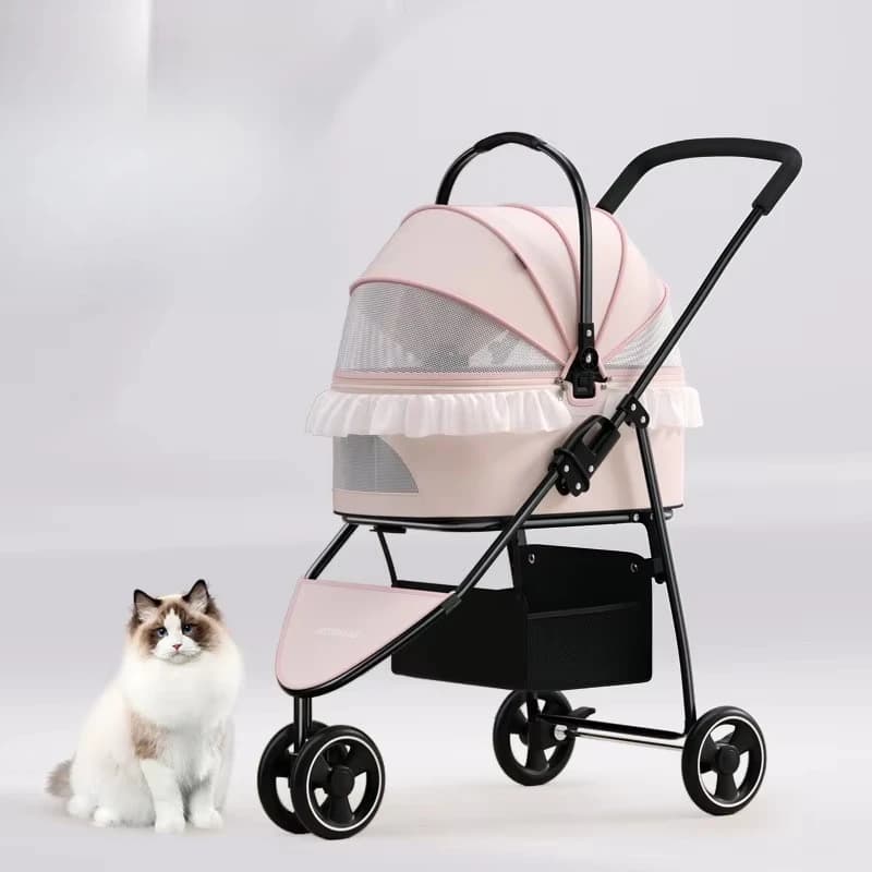 Modern pink pet cart with DIY lace trim, detachable cockpit, 2-in-1 cat and dog travel bag, foldable