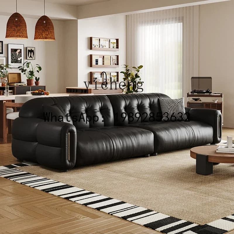 black leather sofa French retro medium and ancient style straight row first layer cowhide sofa