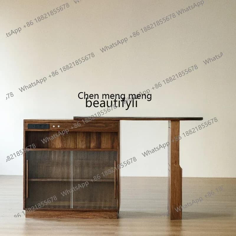 182C Black walnut telescopic bar cabinet, rock slab island partition cabinet  living room balcony storage cabinet dining side
