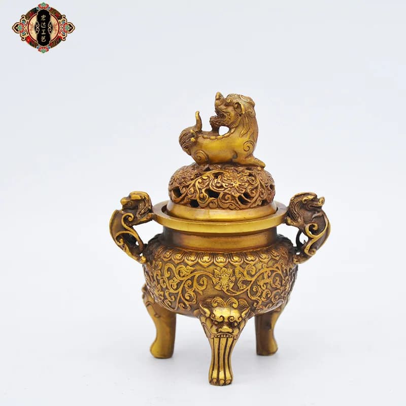 Bronze lion and two dragons playing with a pearl incense burner, a decorative item for display