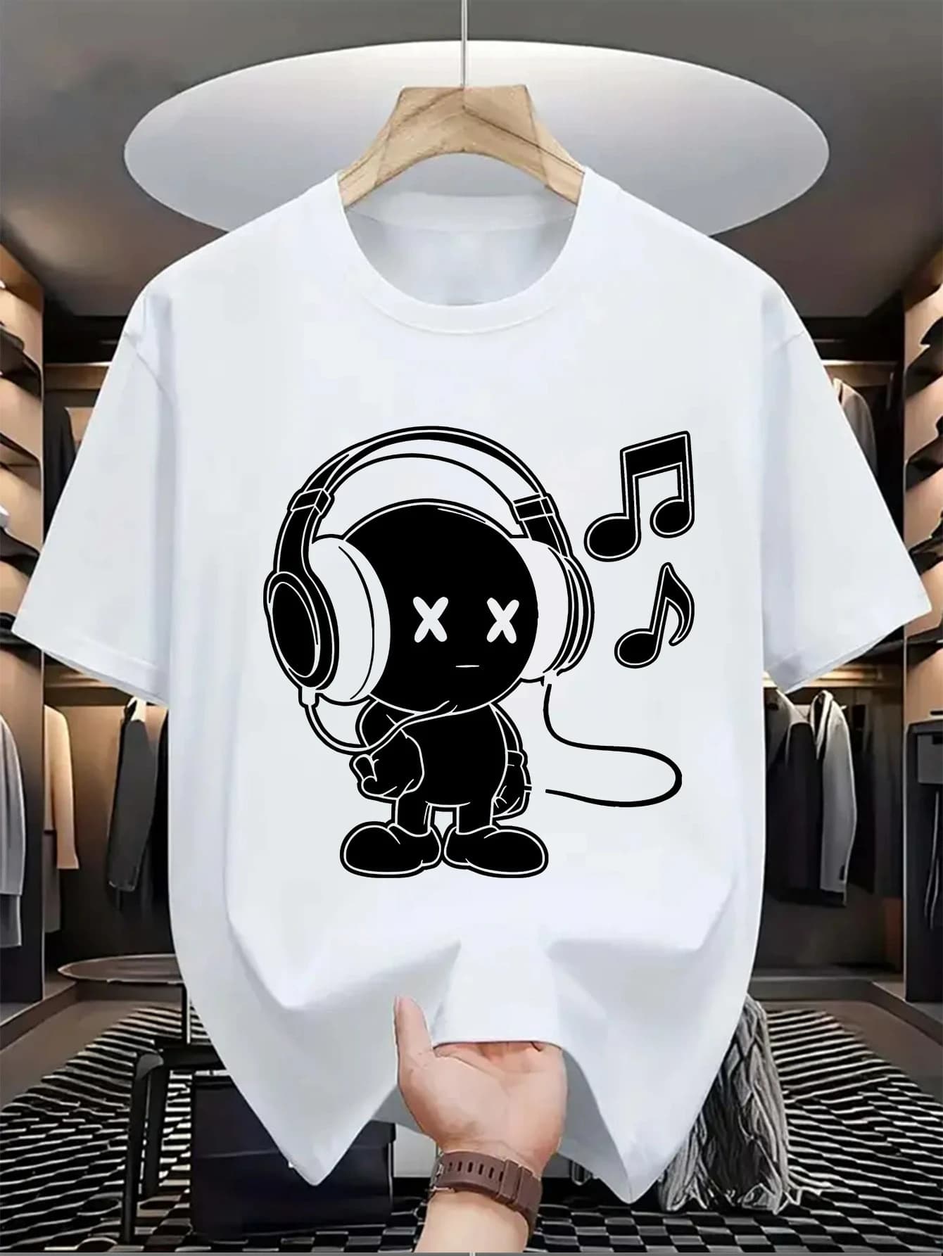 Men's red music theme graphic casual summer T-shirt, with cute robot and headset cotton round neck design.