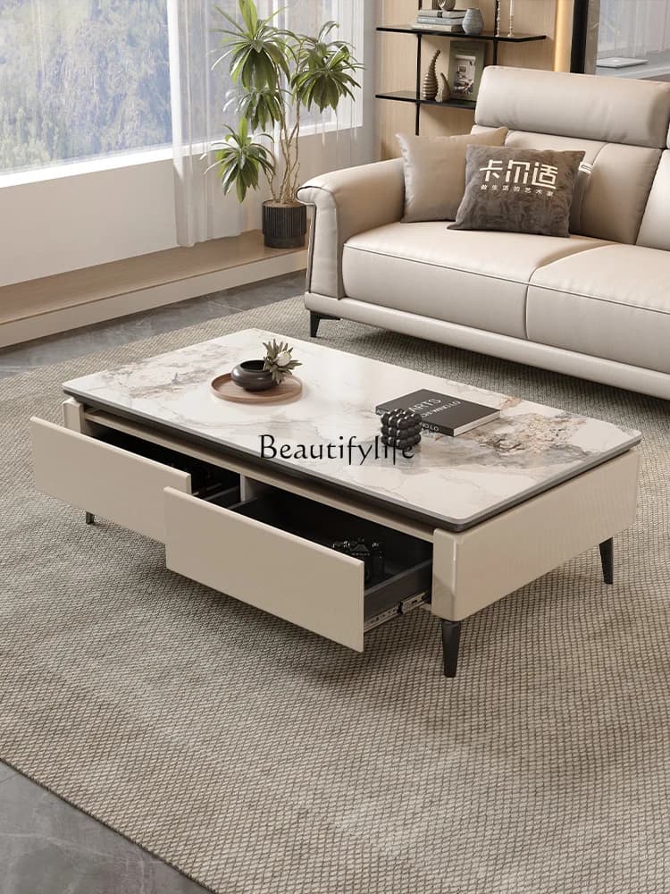 Italian minimalist rock slab coffee table square simple modern cabinet with storage
