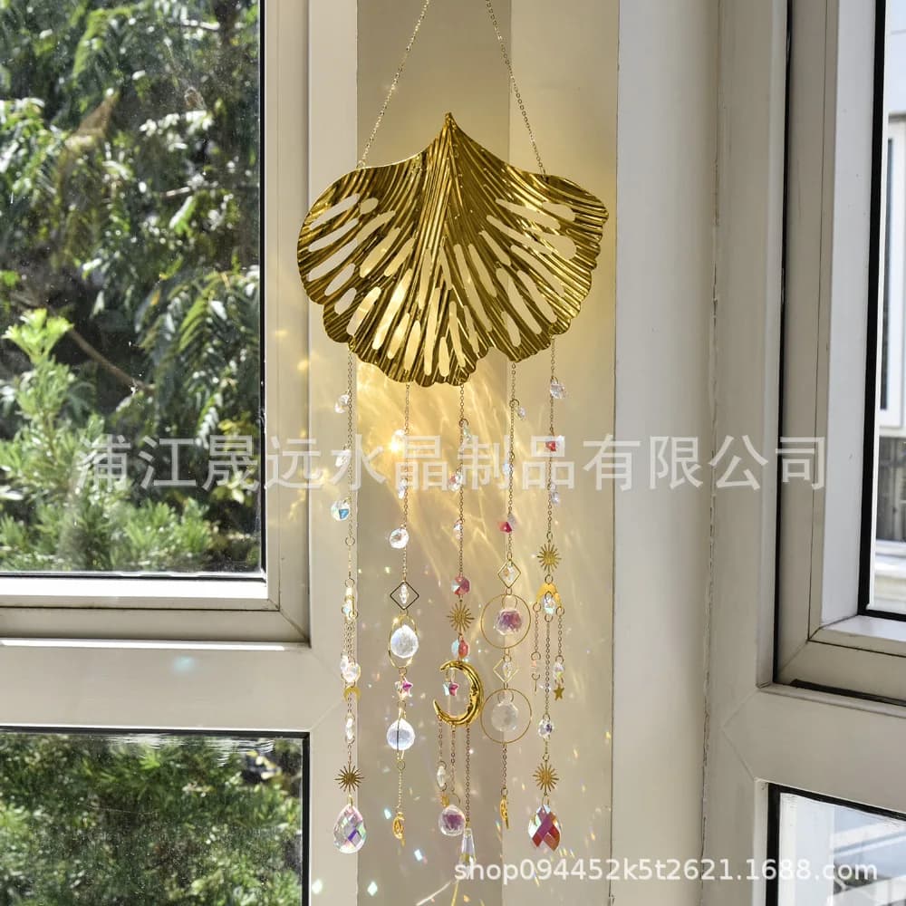 WW new window hanging decoration large ginkgo leaf crystal sun catcher wind chime pendant