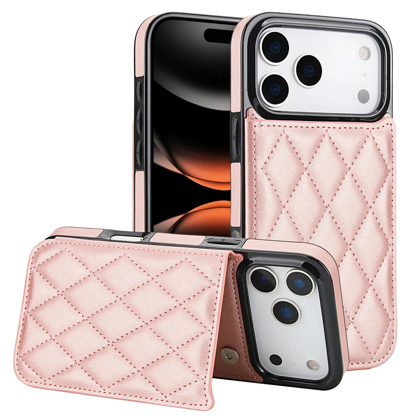 Leather Geometric Card Holder Slots Wallet Case For iPhone 17 Pro Max 16 15 14 13 12, Cards Pocket Kickstand Phone Cover Funda
