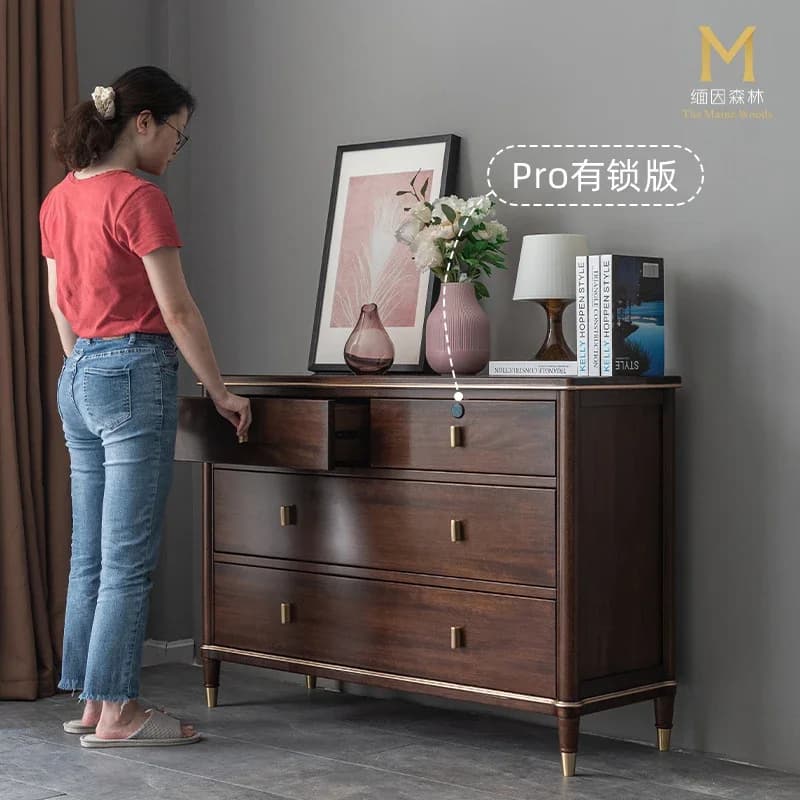 c9.21-Solid Wood Bedroom Chest of Drawers Fingerprint Lock Chest of Drawer Log Light Luxury New Chinese Style Storage Furniture