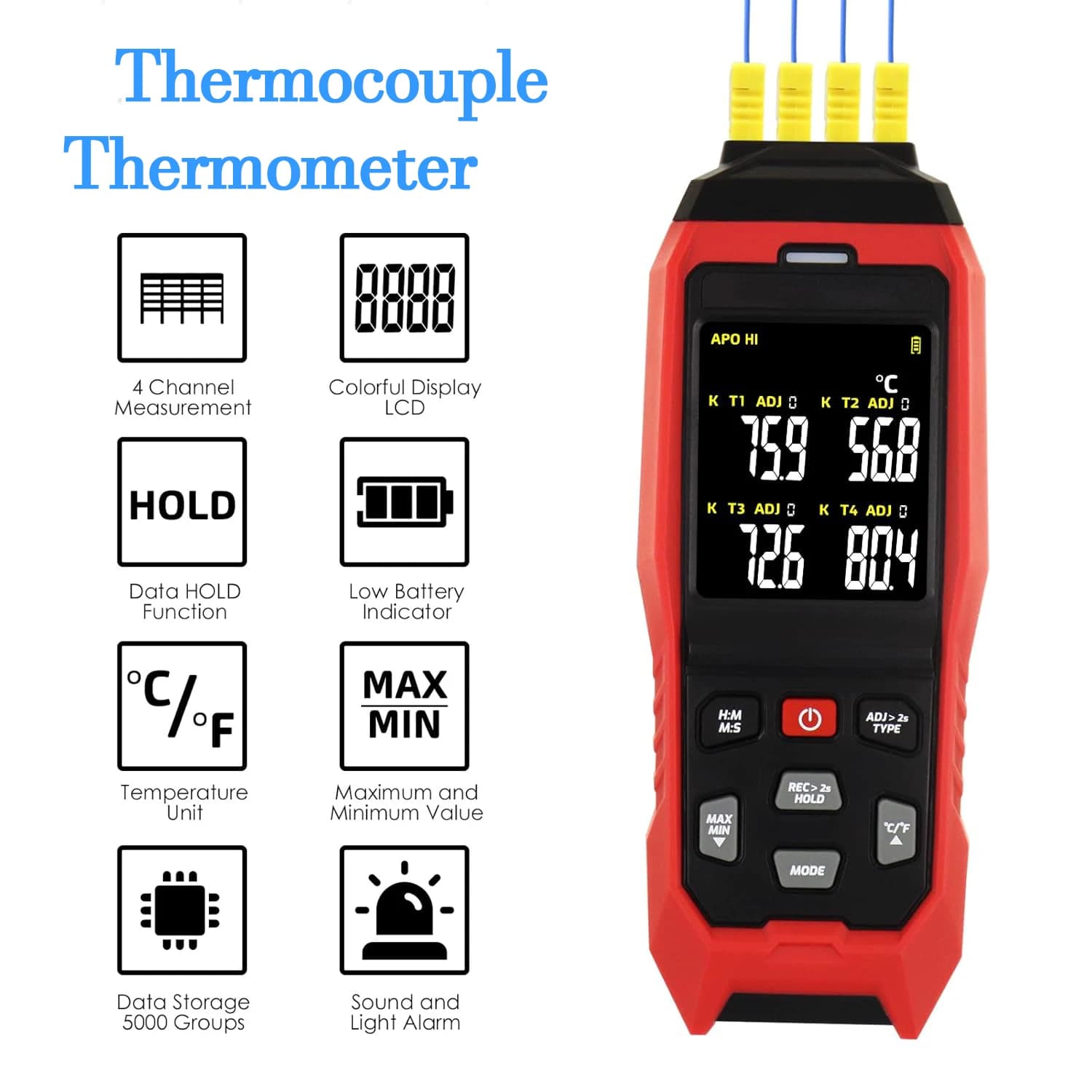1/4 Channels Thermocouple Thermometer Data Logger Thermometer KType Temperature Logger with Sound & Light Alarm and Data Logging