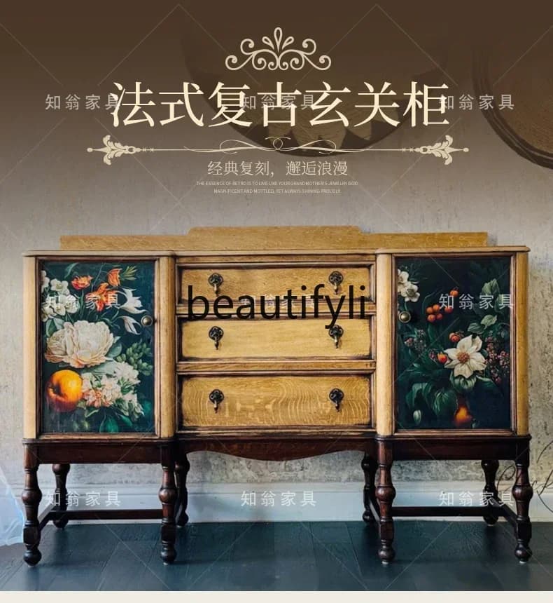 cn8617 ss French Retro Solid Wood Carved Entrance Wall Storage Home Decor Cabinet with Painted Design