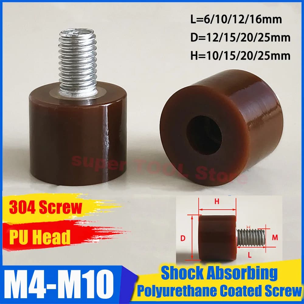 M4 M6 M8 M10 304 Stainless Steel Brown Polyurethane Coated Screw Buffer Anti-Collision Bolt Shock Absorption Screw with PU Head