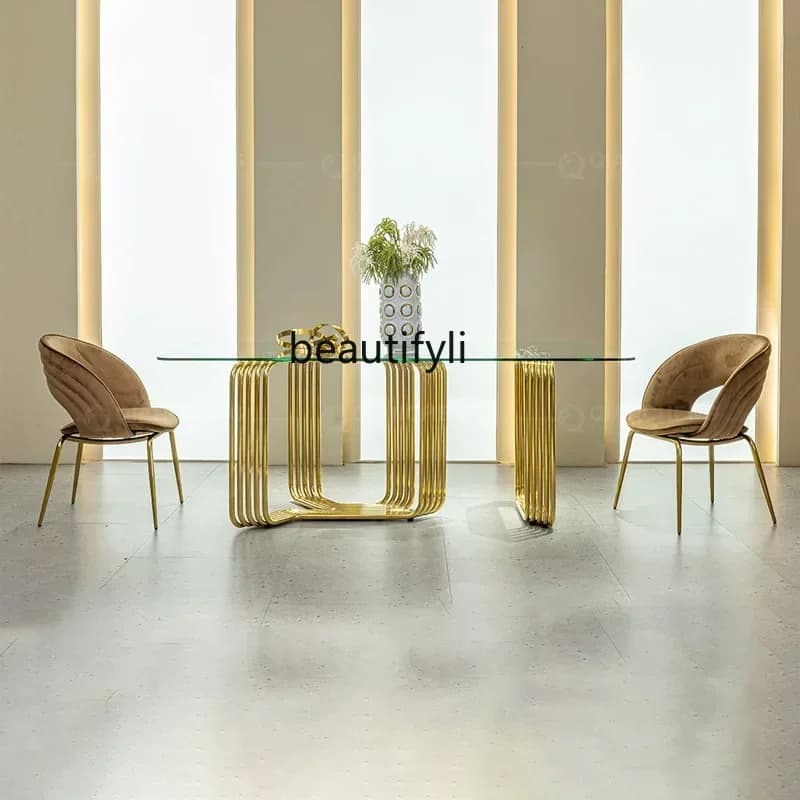 LXModern simple light luxury glass dining table household high-end stainless steel dining table chairSSS