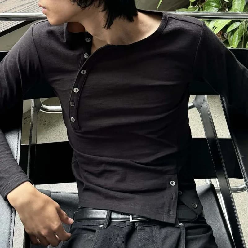 2026 American Retro Y2K Casual Fashion Solid Button Long Sleeve T-Shirt Slim Hip Hop Gothic Streetwear Unisex