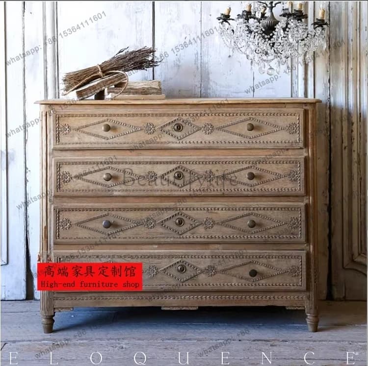 Retro old solid wood three four five chest cabinet European French antique old carved American side cabinet