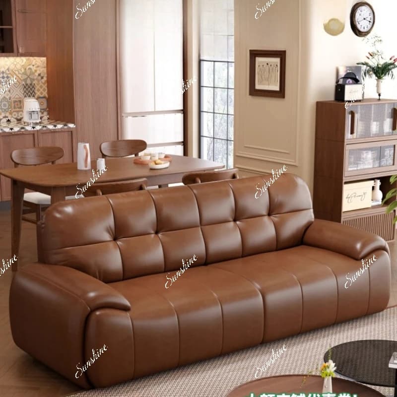 French retro oil wax leather, small apartment, three people in the living room, brown, sofa