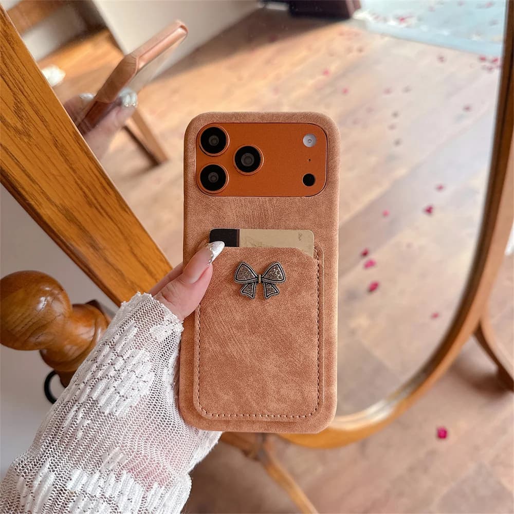 Vintage Elegant Metal Bow Card Slot Phone Case for iPhone 17 Pro Max Soft Suede Texture Wallet Cover for iPhone 16 15 14 13 Pro
