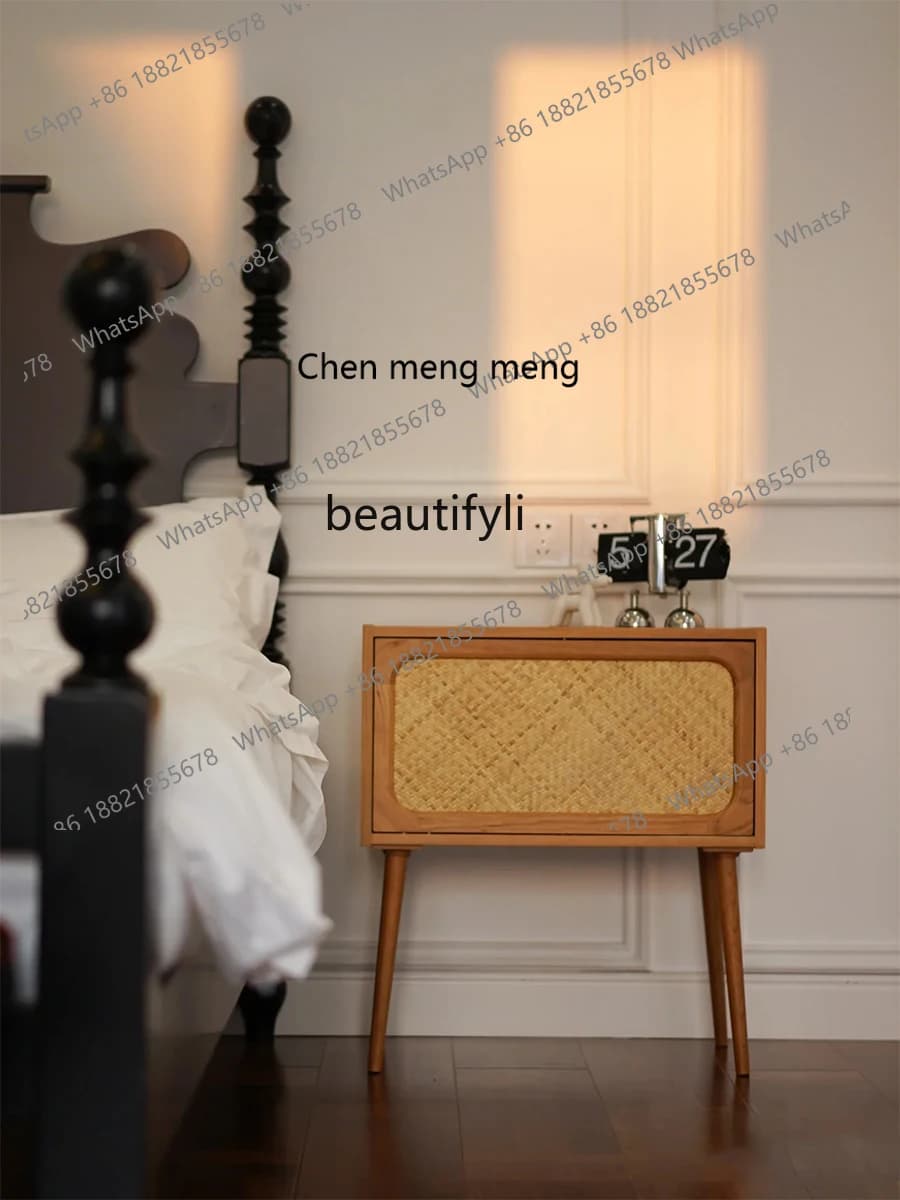 Vintage Solid Wood Rattan Bedside Table Home Creative Bedroom Bedside Storage Small Side Table