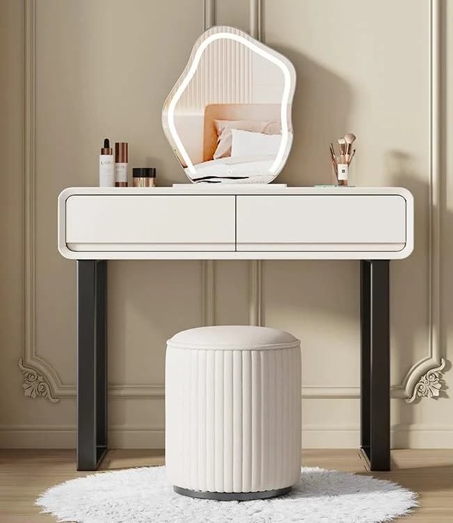%Sleek Modern Adjustable Lighted Wooden Dressing Table Set Large Mirror Stool Eco-Friendly White Vanity Makeup Desk for Bedroom