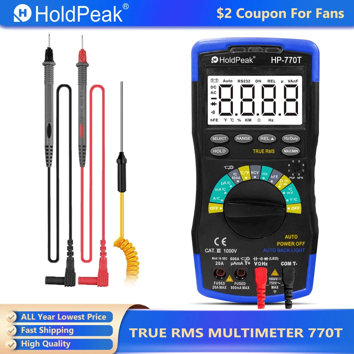 HOLDPEAK HP-770T Digital Multimeter 6000 Counts TRMS DMM CATIII 1000V, Auto Ranging, Data Hold, NCV, AC/DC Amp Ohm Volt Meter