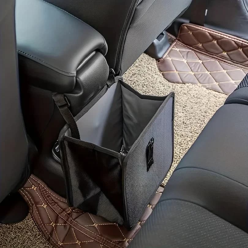 1pc Durable polyester fiber car trash can - Multi-functional folding hanging storage bag, zipper compartment, practical design