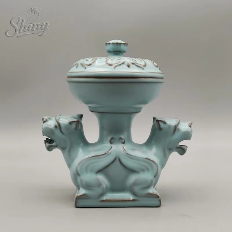 Song Dynasty Ru Celadon Lion Incense Burner Antique-Style Ceramic Collectible Display Piece