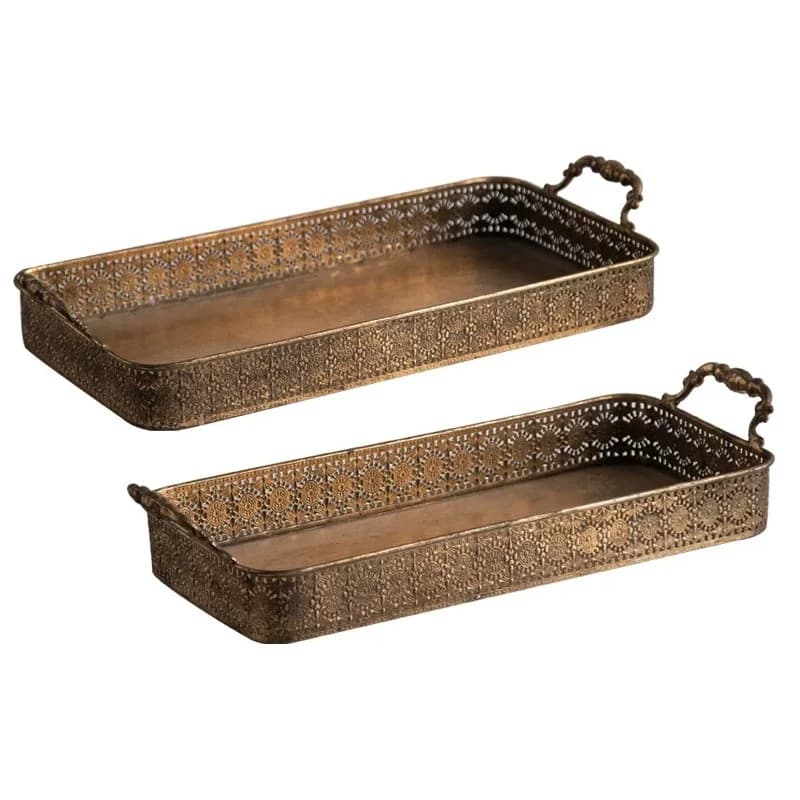 A Set of 2 Pieces Vintage Retro Pierced Rectangular Metal Decorative Trays