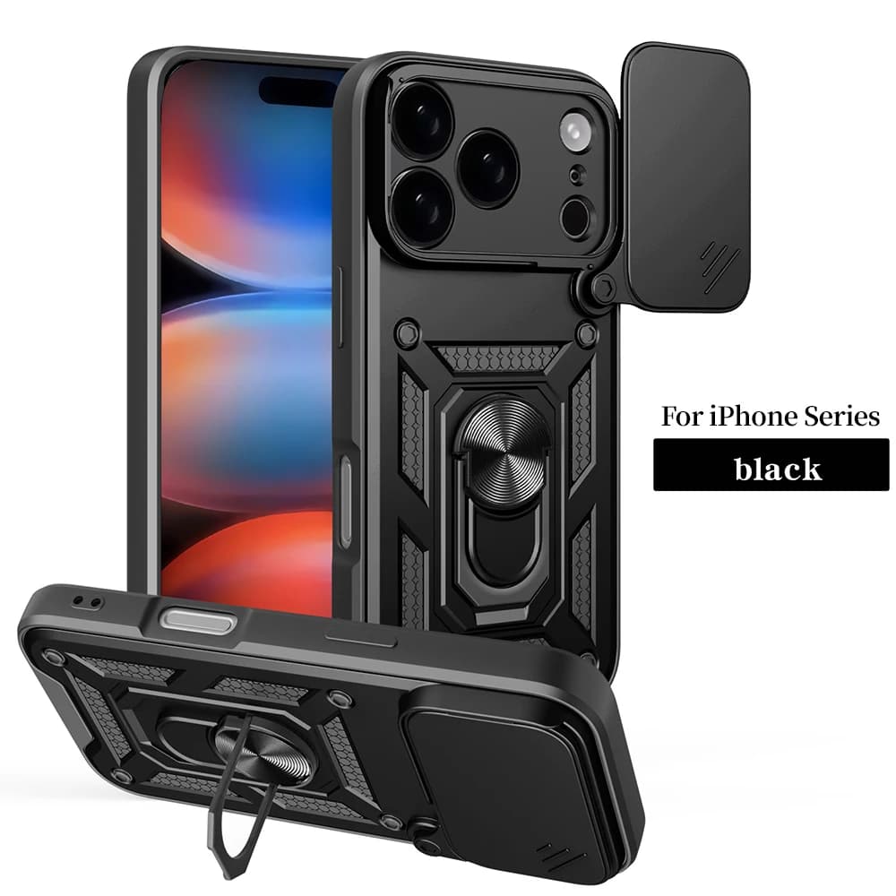 Compatible with Apple  iPhone 18 17 16 15 Series Phone Case Car Mount Magnetic Stand Slide Lens 2 in 1 PC+TPU Protective Case