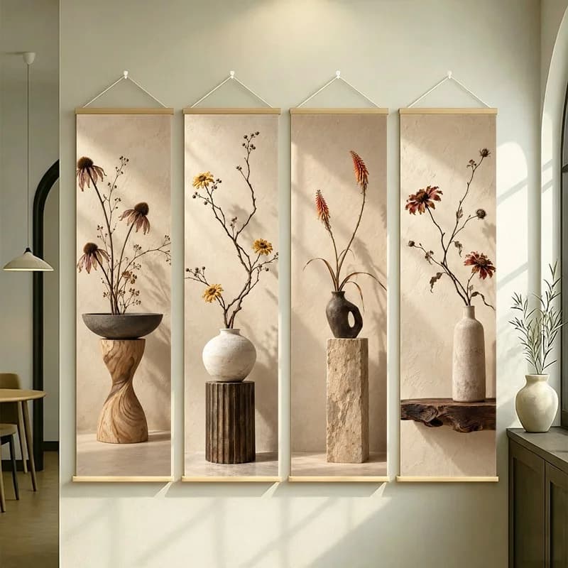 Wall Decor Yellow Feverfew and Torch Flower, Wabi-Sabi Silver Shimmer Canvas Hanging Scroll for Boutique Hotel Home Decor