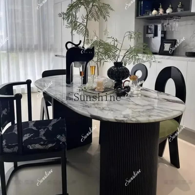 French marble light luxury modern high-end dining table small apartment household cream style  FT