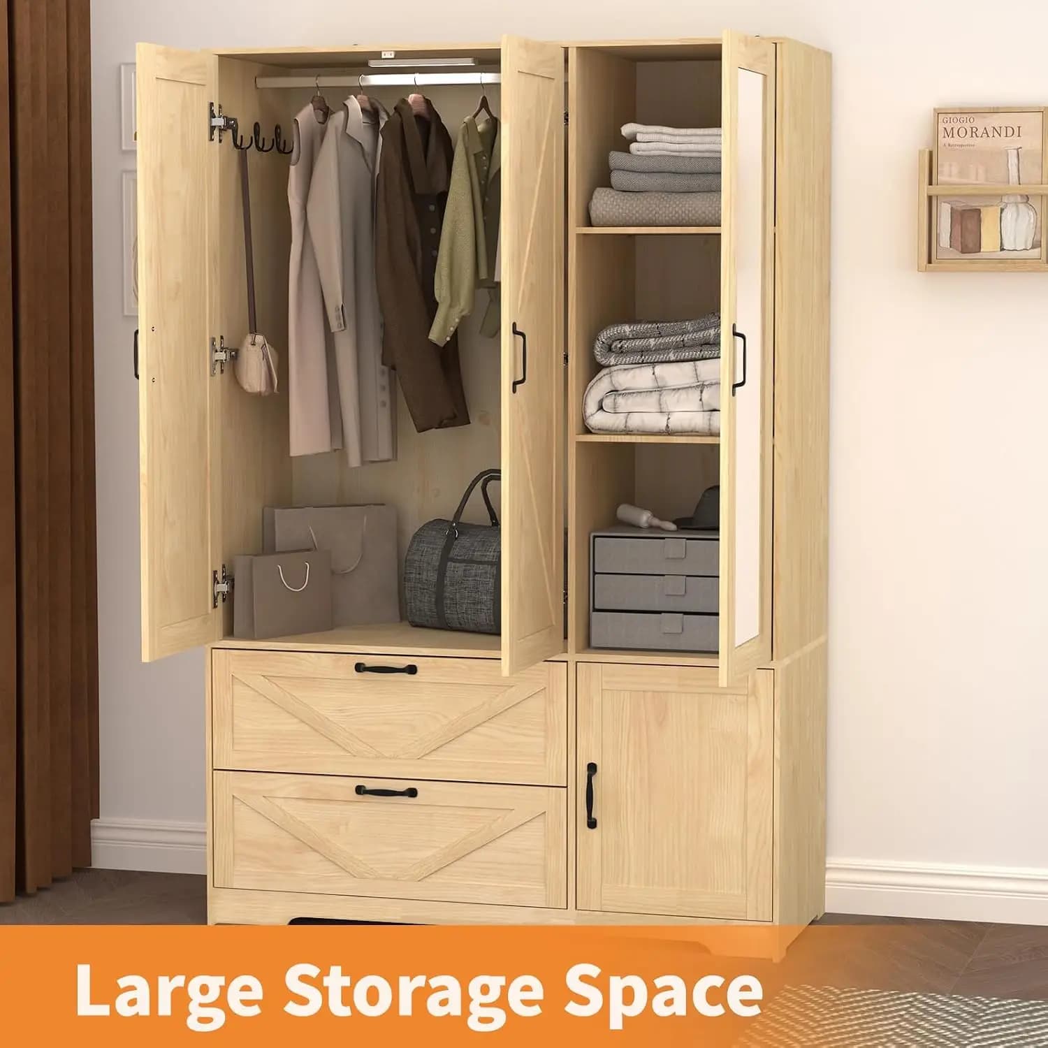 Armoire Wardrobe Closet with Drawers and Mirror, 72" Bedroom Wardrobe Cabinet with Motion Sensor Light, Hanging Rod & Adjustable