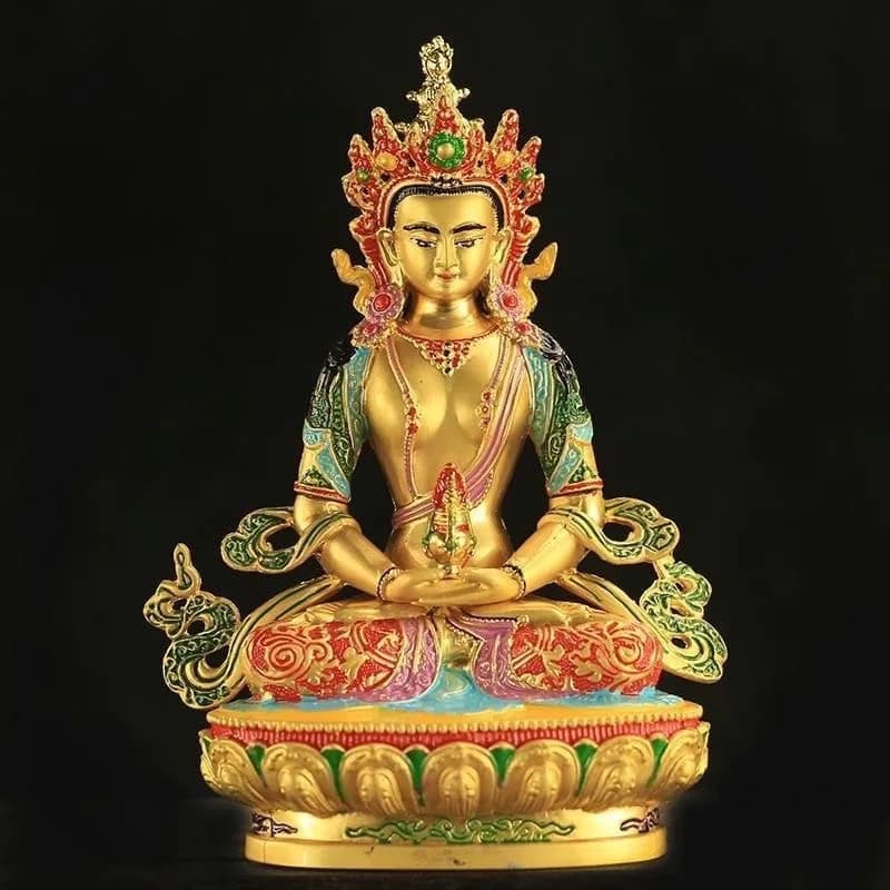 16cm Tibetan Buddhism Small Buddha Statue Nepal Gilded Amitayus Buddha Ornament Handmade Alloy Buddha Statue Offering Ornaments