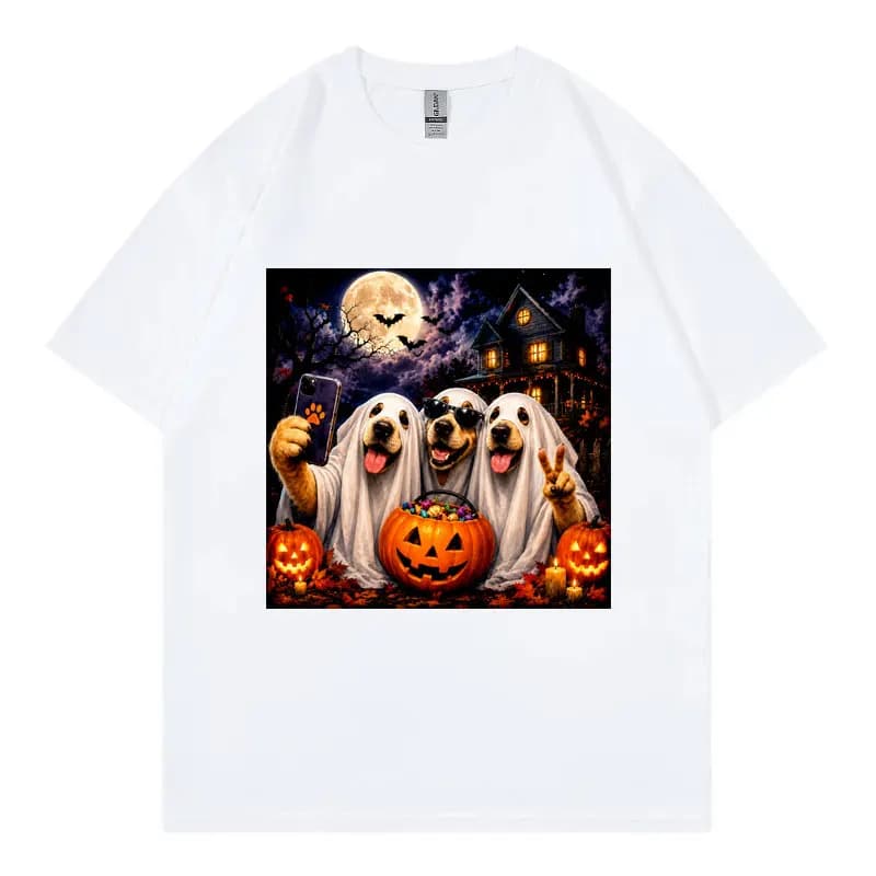 Funny Ghost Golden Retriever T-shirt Halloween Dog Selfie Graphic T Shirts Men Women Clothing Gothic Fashion T-shirts Streetwear