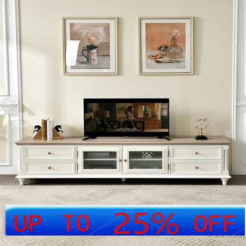 LHH  solid wood TV cabinet white cream style retro living room floor cabinet TV cabinet