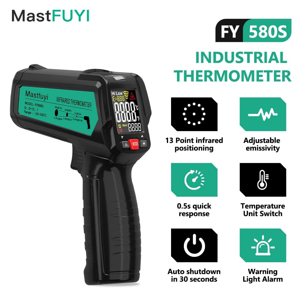 MASTFUYI FY580S Digital Infrared Thermometer -50~580 Degree Laser Non-Contact Pizza BBQ Grill Engine Industry IR Thermometer Gun