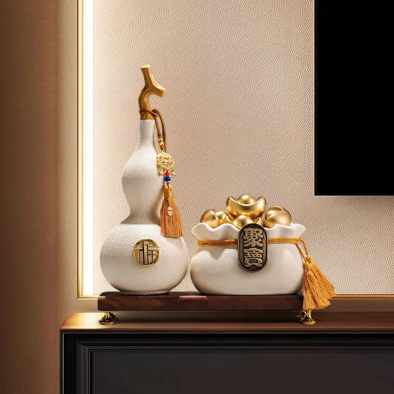 Chinese Style Ceramic Treasure Bowl Home Wealth Attracting Ornament Office High-End Decor Ornaments for Good Fortune Prosperity