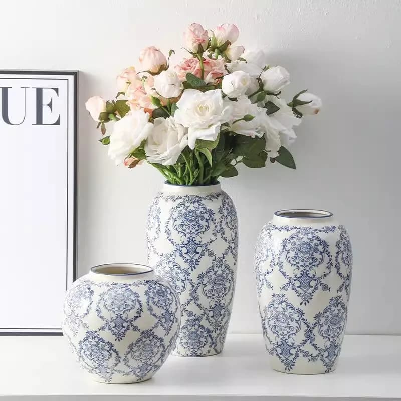 Blue and White Retro Ceramic Vase Decoration, Living Room Flower Arrangement, Ceramic Jar, Light Luxury Decoration