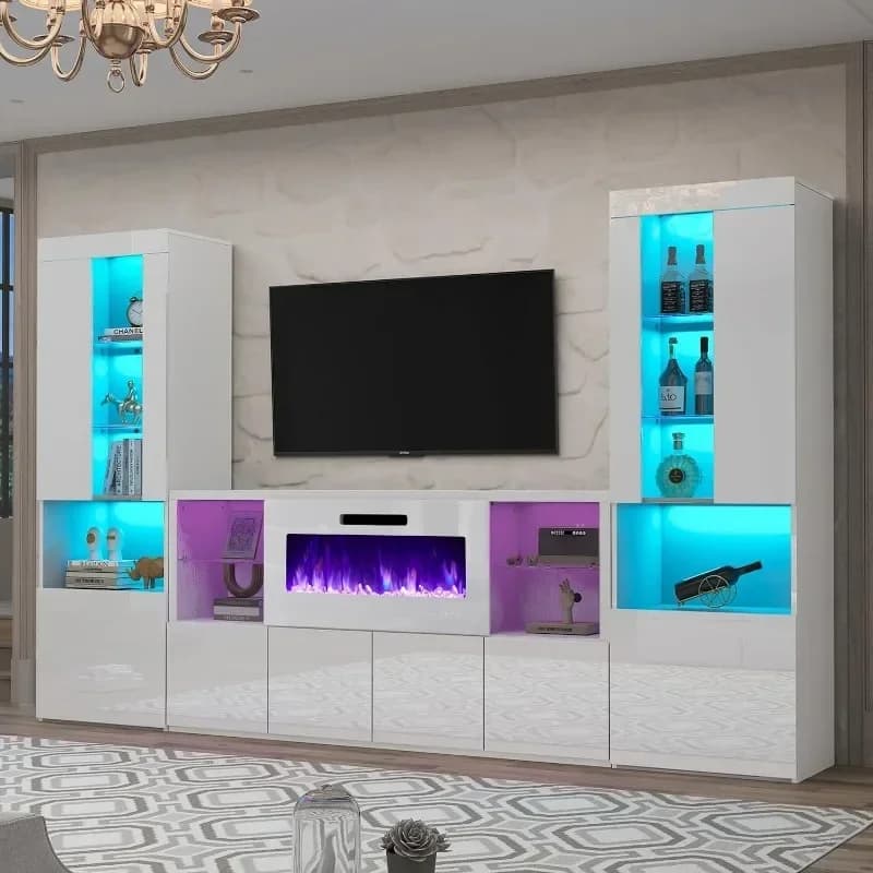 -3 Piece Modern High Gloss Fireplace TV Stand,68" TV Stand With 40" Fireplace, 2 X Bookcase With Doors & 20 Colors LED Lights