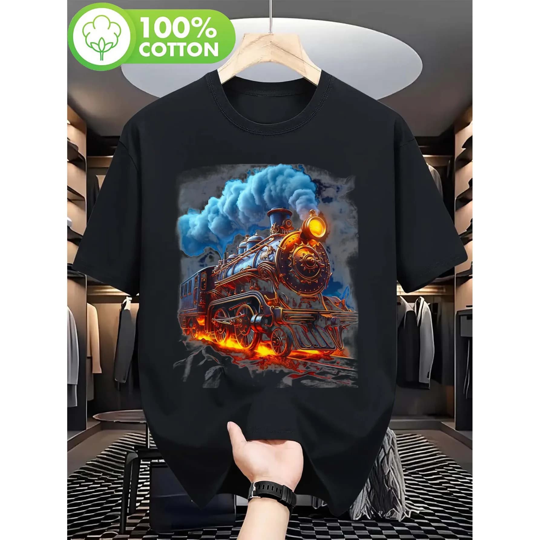 Steam Train Graphic Tee Retro Locomotive Print Breathable Cotton Short Sleeve T-Shirt for Train Lovers