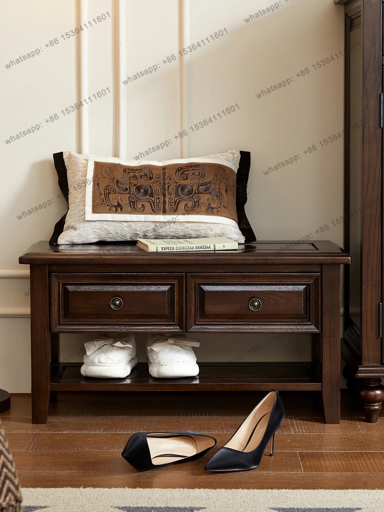 American all solid wood shoe changing stool French retro locker all log shoe testing stool