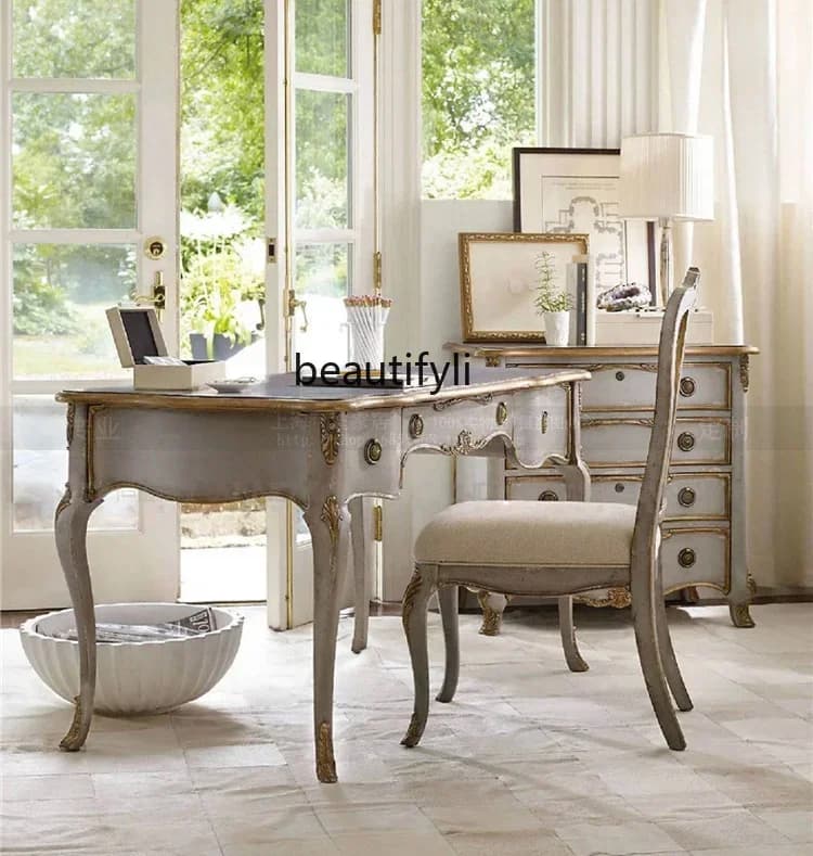 High-end light luxury factory custom study furniture American French European old solid wood desk