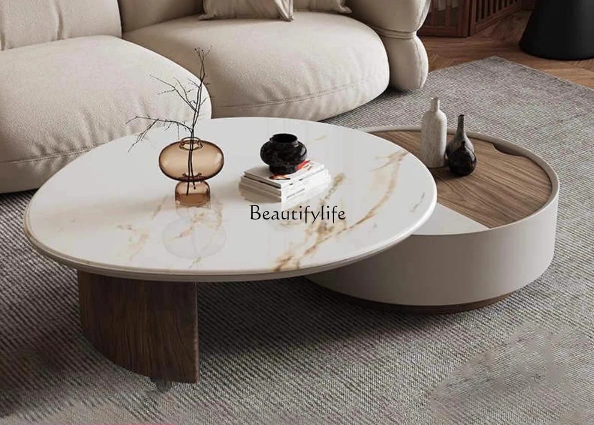 Cream style round coffee table living room modern simple rotatable slate round coffee table table for home use