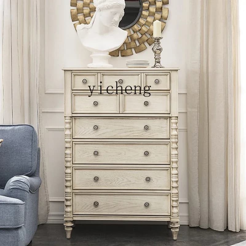 high-end American nine-chest cabinet solid wood bedroom storage high-side cabinet carved white old retro storage cabinet