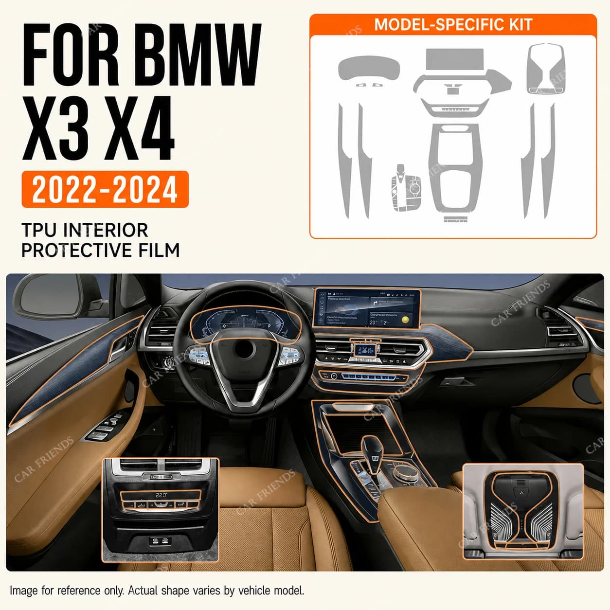 For BMW X3 X4 G01 G02 2022-2024 Transparent TPU Interior Protective Film Screen Gear Panel Anti-Scratch