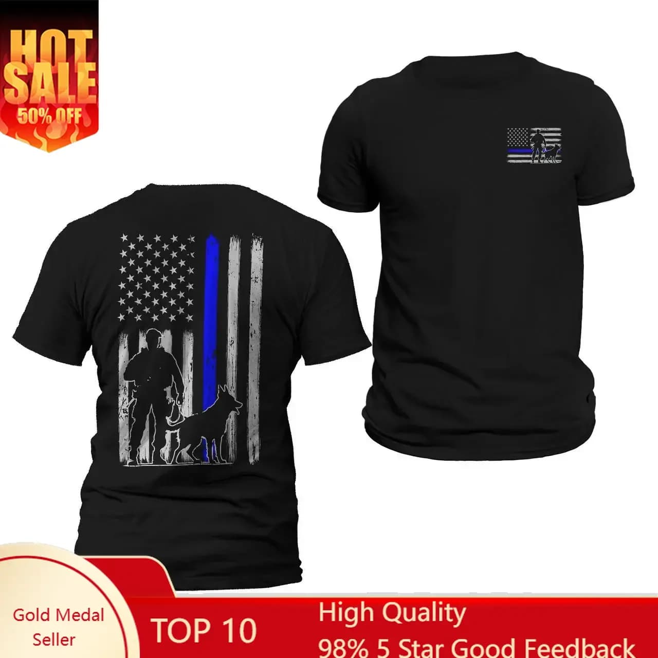 Police K-9 Unit Thin Blue Line Flag Front & Back Print Vertical Brushed Design T-Shirt Casual Classic Crewneck Menswear