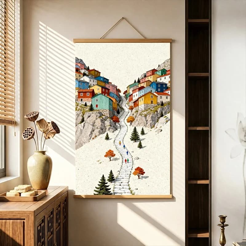 Wall Decor Abstract Flowers Rising above Urban Silhouettes, Pearlescent Canvas Hanging Scroll for Gallery Exhibition Space Decor