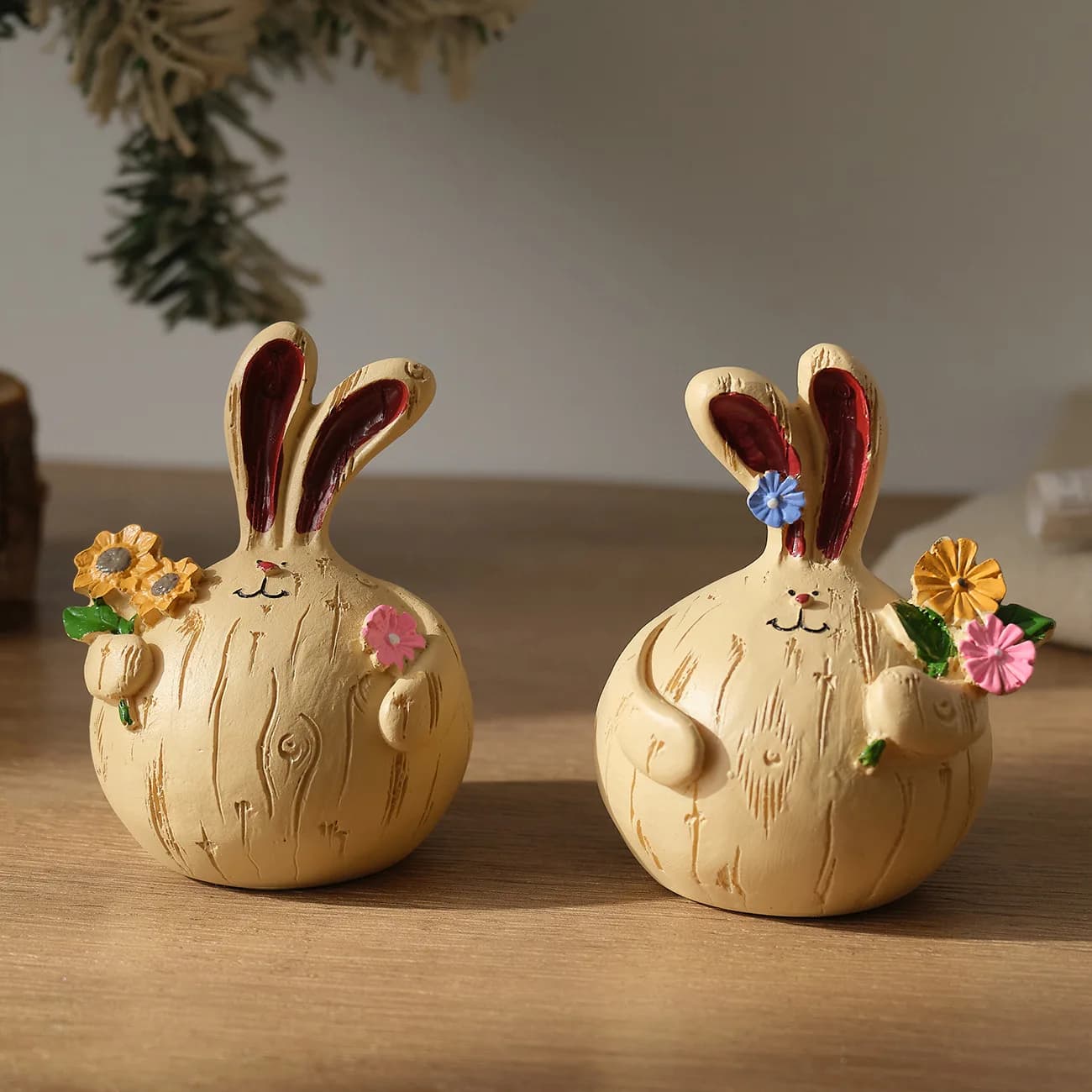 Rustic Style Flower-Picking Plump Rabbit Resin Craft