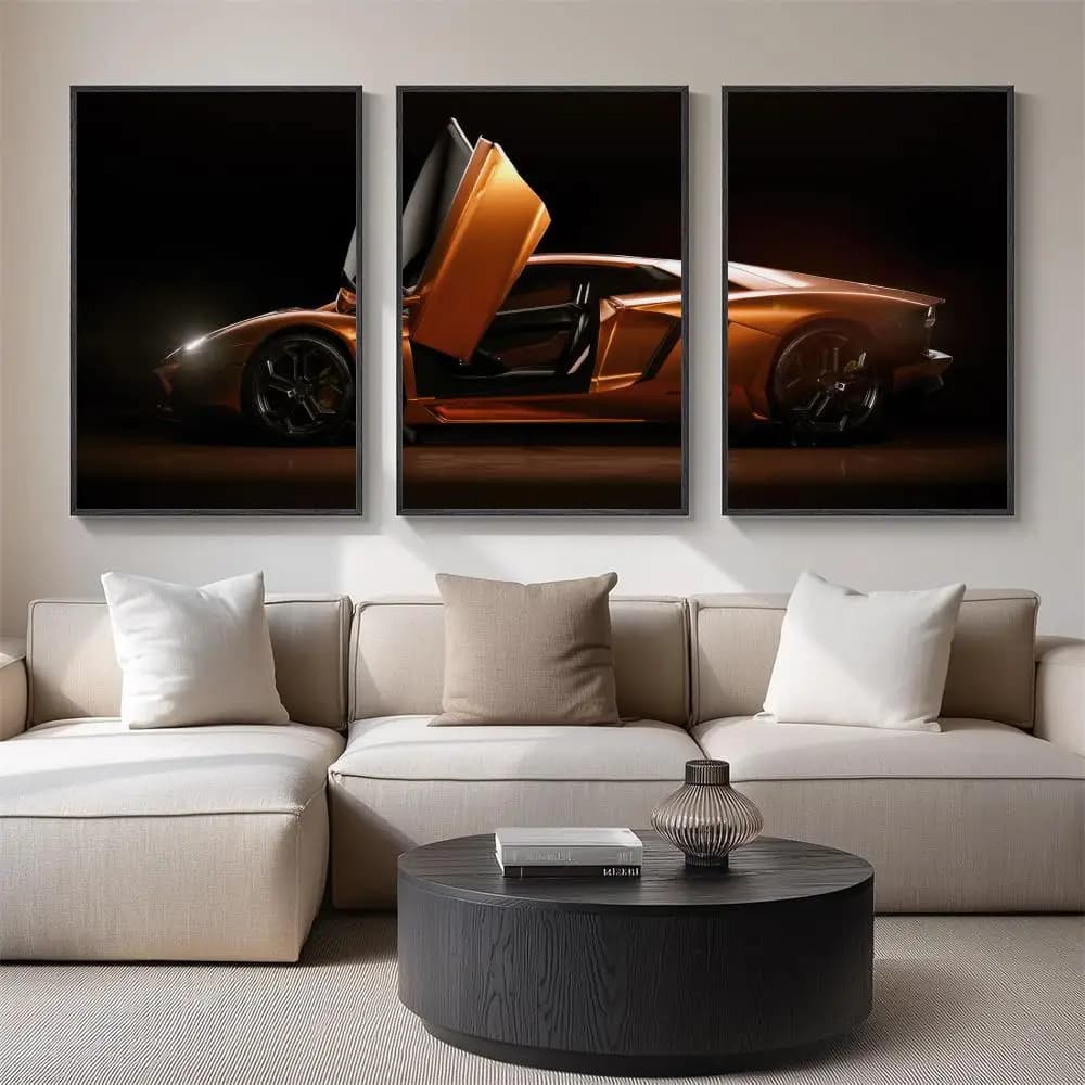 Metallic Sports Car Painting Calligraphy 3 PCS Canvas Wall Art for Living Room Bedroom Prints Decor Modern Wall Decals