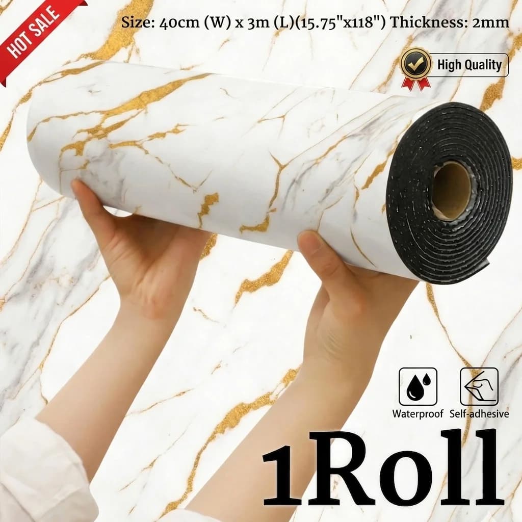 Matte Gold Vein White Marble Wall Stickers Thickened Waterproof PET Removable Tile Stickers Countertop Wall Home Decoration