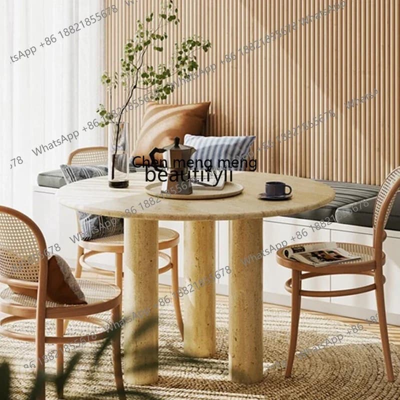 Natural travertine round dining table medieval dining table marble designer light luxury dining table5556