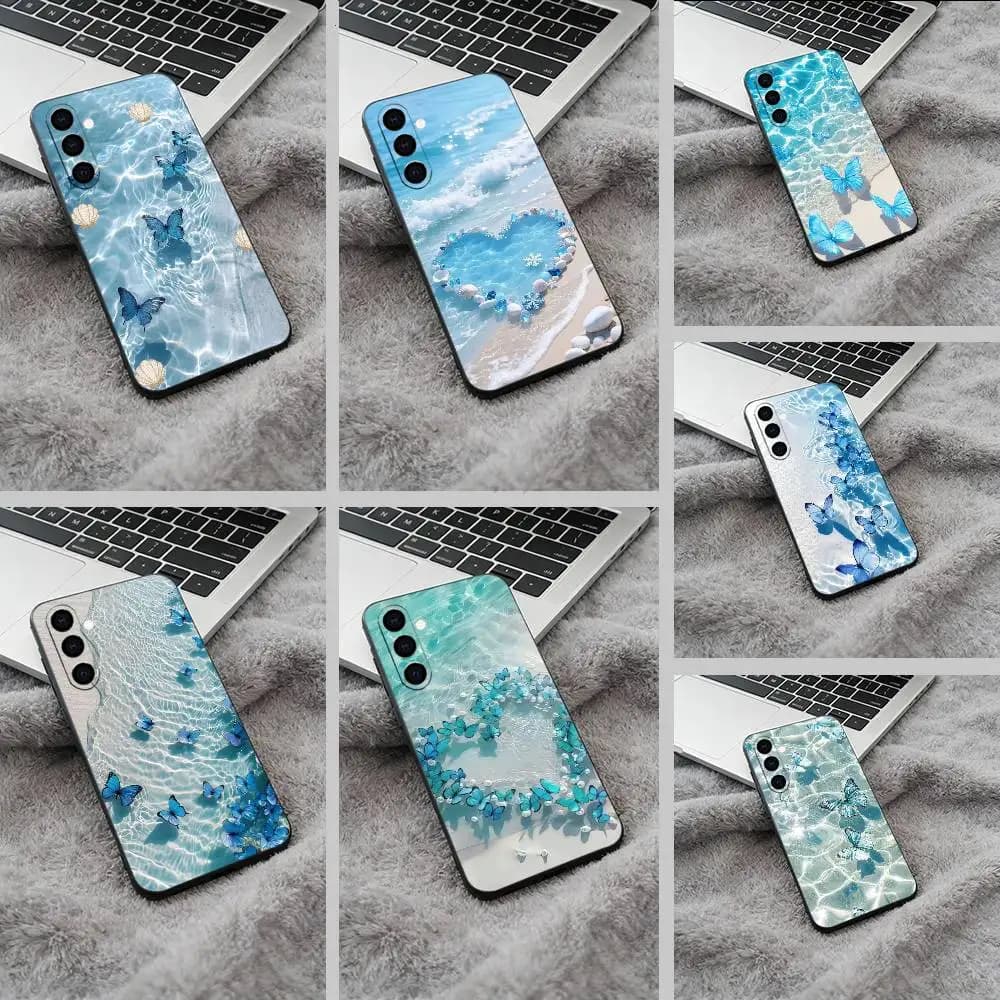 Blue Butterfly Ocean wave  Black Soft Silicone Phone Case for Samsung Galaxy A73, A71, A72, A70, A53, A52, A51